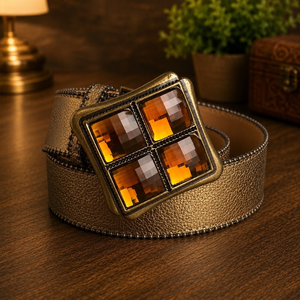 Vintage Cache Boho Gold Bronze Metallic Belt Amber Jewel Statement Buckle Small